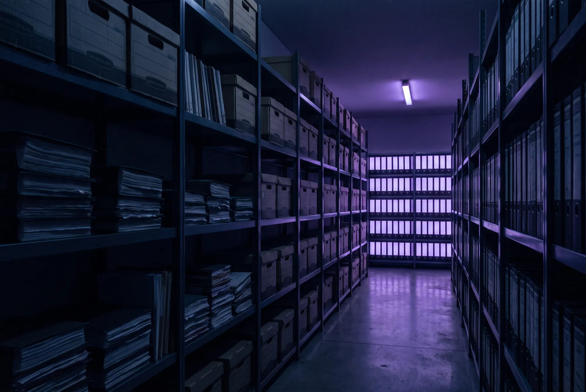 A records room in near darkness: shelves of banker's boxes and stacked paper running back into shadow, with one wall of binders lit at the far end.